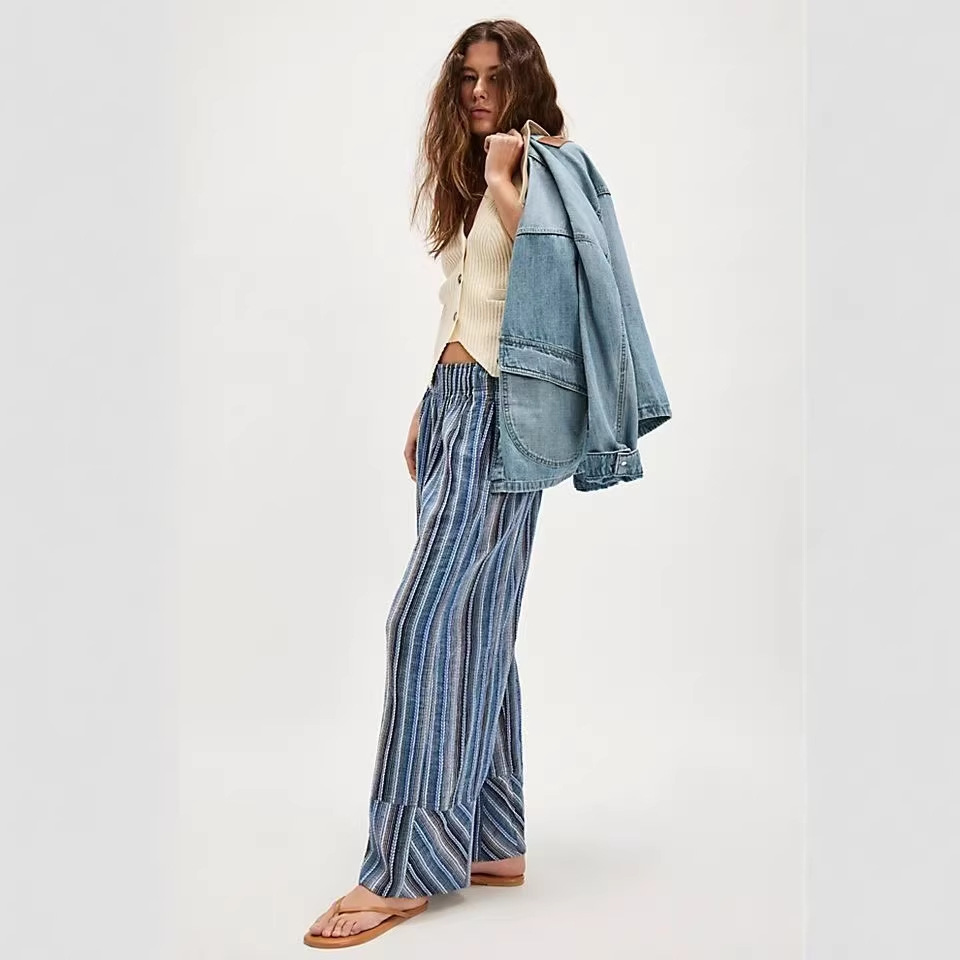 2026 Europa y los Estados Unidos transfronterizos MONA rayas pantalones de piernas anchas para mujeres primavera y otoño nuevos pantalones casuales de cintura alta y delgados para mujeres image 4