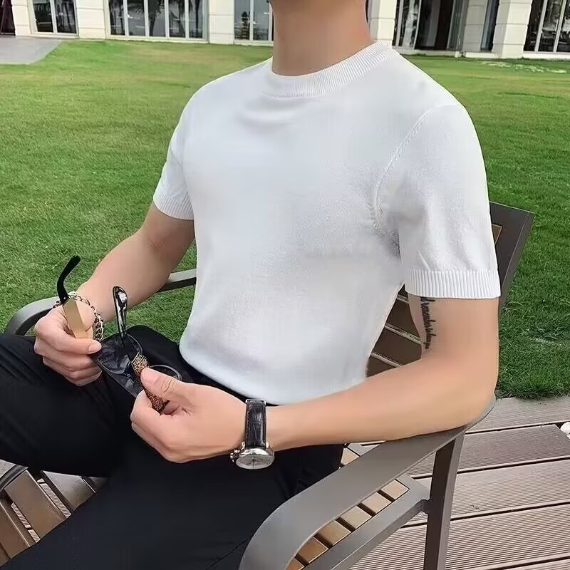 アメリカンスモールネックラインニットアイスシルクTシャツメンズクールスリムフィットワークウェア半袖スウェットシャツビジネス通勤ボトリングシャツ