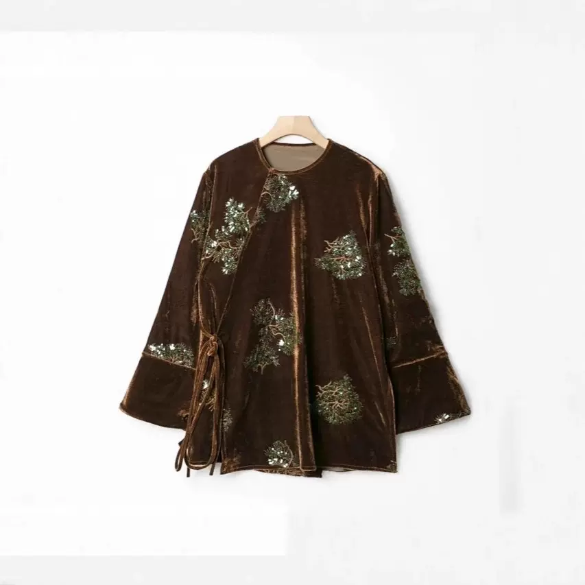 M e* 绿色松针|美拉德色真丝丝绒重工钉珠刺绣外套+松紧腰半身裙