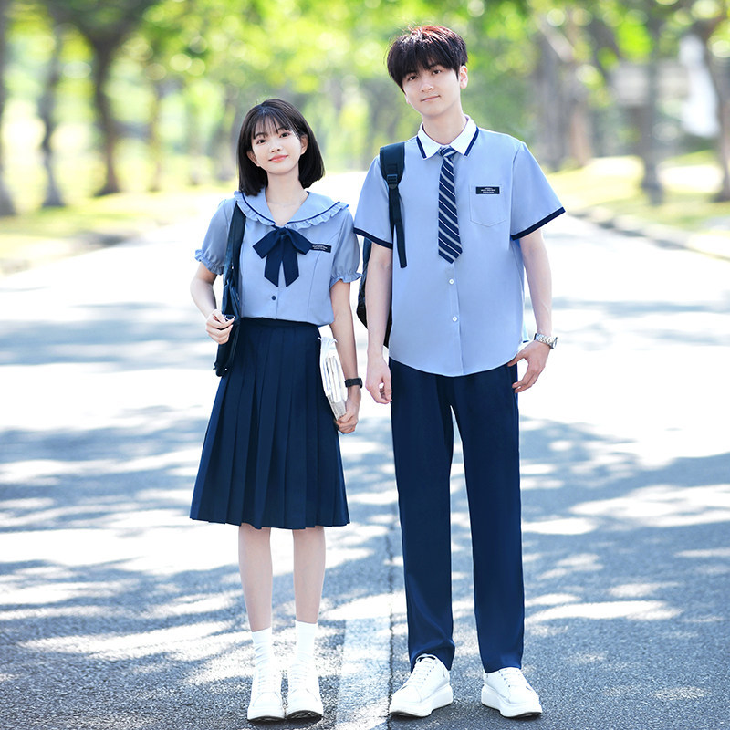 Summer College-Style School Uniform Set Jk Uniform for Junior High School Students Blue Short-Sleeved Shirt Graduation Photo Class Uniform Performance Outfit