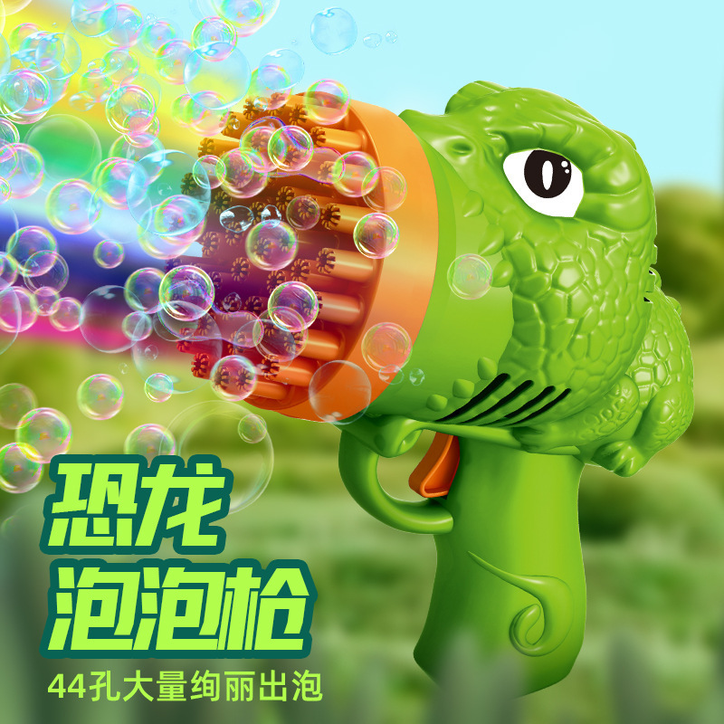Nuevo producto transfronterizo Dinosaur Bubble Gun Bubble Toy 44 hoyos Gatling Bubble Machine Puesto de juguetes para niños porosos