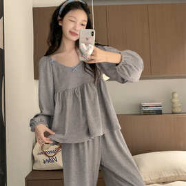 批发货源 新款睡衣女韩系简约花边套装加厚针织绒感家居服