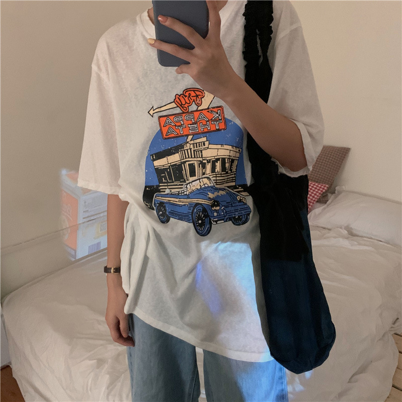 Dam t-shirt med cartoon tryck lös passform sommar topp_voghion.com