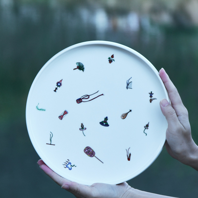 Dunhuang mural derivative white porcelain plate daily tableware disc dish national tide ceramic pot bearing tray