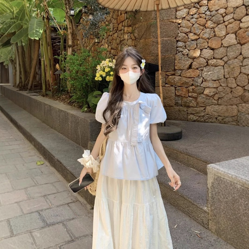 Wholesale Bow Lace Puff Sleeve Shirt for Women, Summer Design Pleated Strap Shirt, Beautiful Top Wholesale Bow Lace Puff Sleeve Shirt for Women, Summer Design Pleated Strap Shirt, Beautiful Top