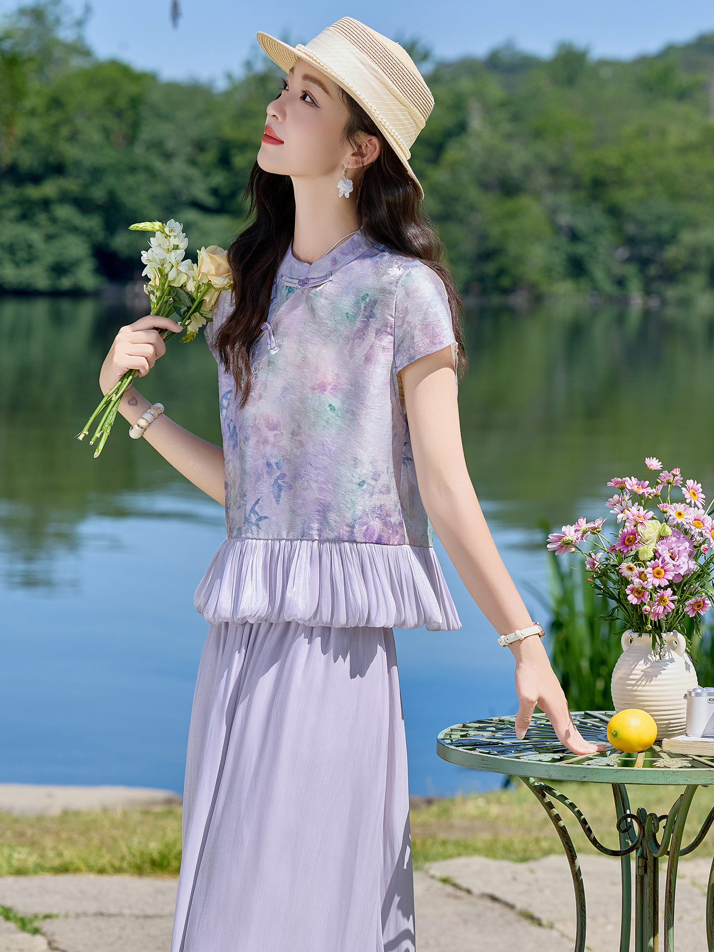 Set áo sơ mi phối quần ống rộng nữ thắt eo 2026 — màu tím