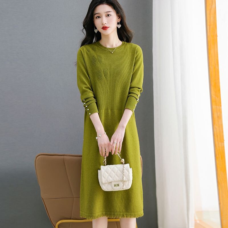 Spring New Round Neck Knitted dress 2024 Women Loose Slim Sweater Long Over-the-Knee Base Skirt