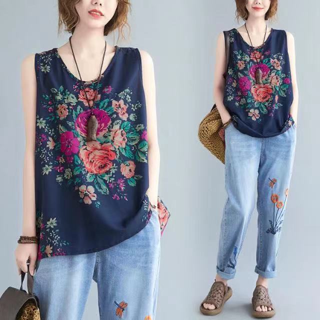 Women Retro Printed Loose Vest Navy Plus Size Summer