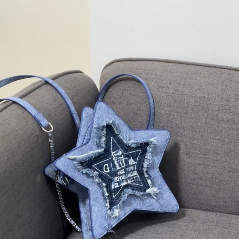 オリジナルデザインデニムブルー五芒星バックパック刺繍文字タッセルY2Kクロスボディバッグ|undefined