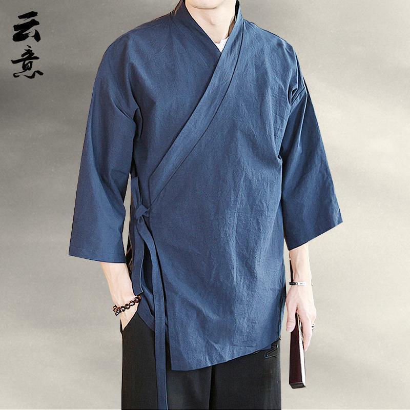 Seven-point Sleeve Hanfu Men's Summer Chinese-style Slant-breasted Top Zen-style Jumpsuit Ancient Style Tea Clothes Cotton-linen Robe Coat