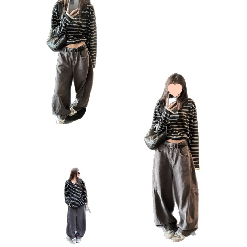 【广州新塘牛仔】灰色弯刀阔腿工装牛仔裤女高腰宽松直筒垂感拖地|undefined