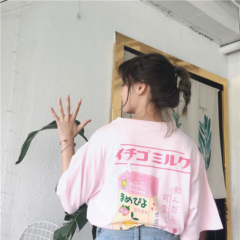 2022 Spring and Summer Strawberry Milk Printed T-Shirt Cartoon Print on the Back Sweet Japanese Style Girl Tops Hot Style Wholesale