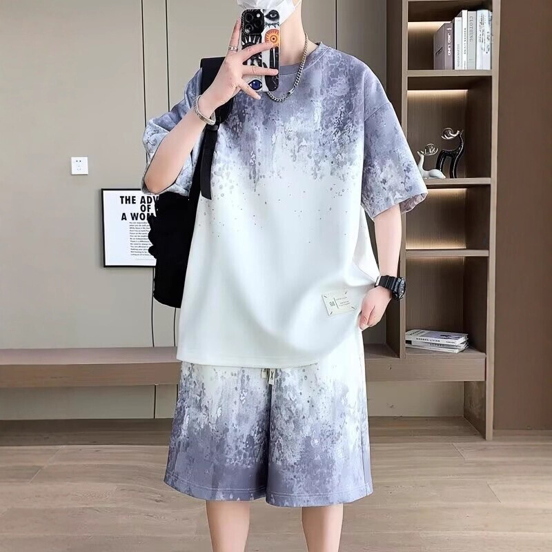Tie-Dye Gradient Trendy Brand Loose Gradient Stylish Junior High School Student Top Men's Summer Sports Short-Sleeve Shorts Set