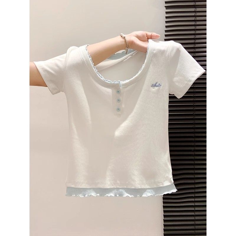 Contrast Color U-Neck Short-Sleeve T-Shirt for Women, Summer 2025 New Design, Slim Fit, Versatile, Embroidered Short Top, Trendy