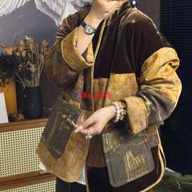 复古老钱棕蚕丝棉外套拼接冬季丝绒轻奢风金新款提花棉服
