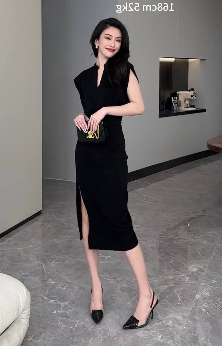 Váy liền màu đen mẫu mới mùa hè FL231416 dáng suông midi phong cách trưởng thành — Màu đen chi tiết 5