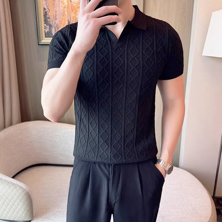 Verano nuevo estilo suéter de manga corta camisa POLO con textura para hombre solapa de negocios con cuello en V camiseta delgada comercio exterior al por mayor transfronterizo