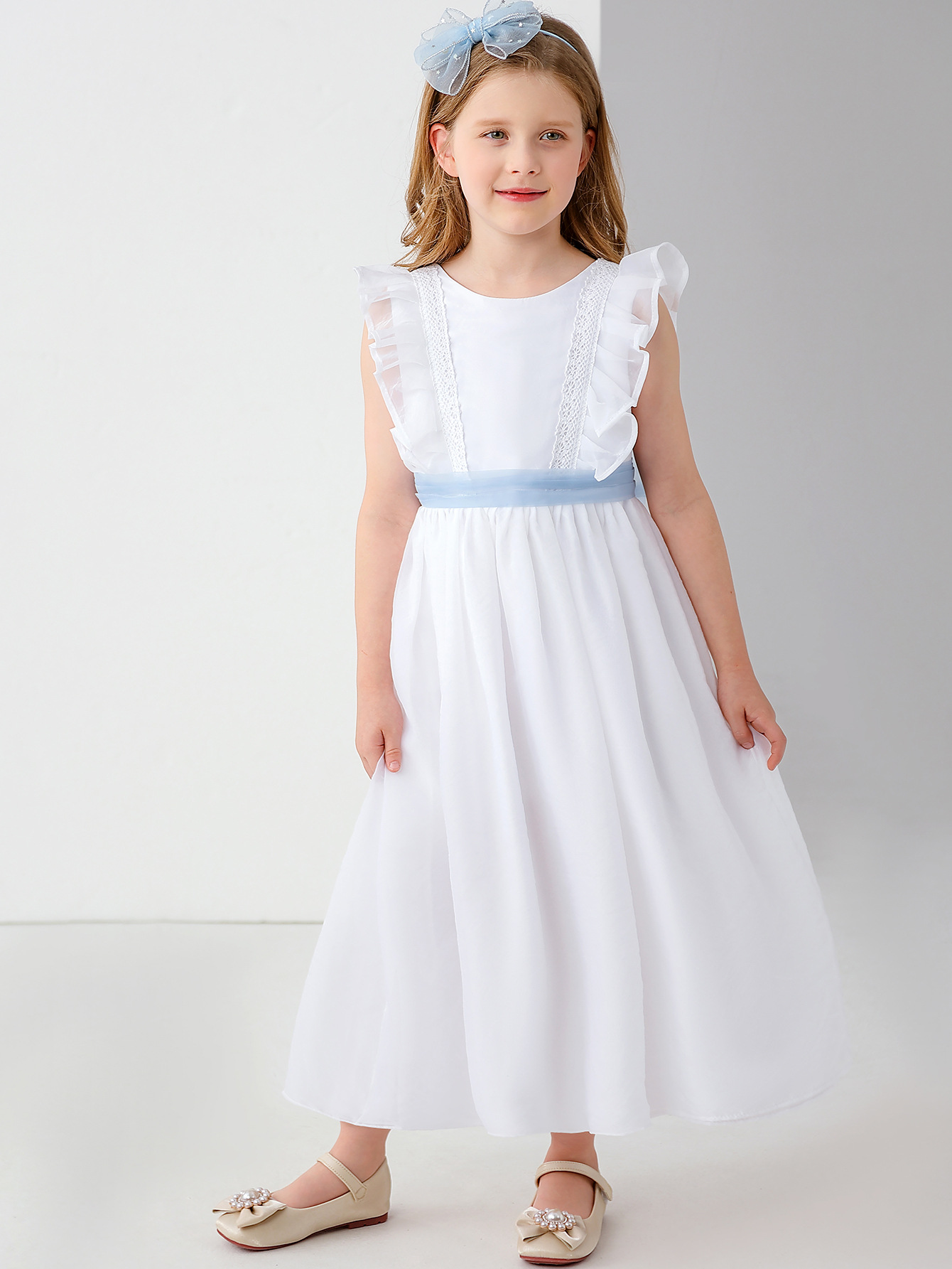 Vestido de novia para niños europeo y americano transfronterizo, vestido de princesa de rendimiento de niña de flores de encaje de lazo de niña de comercio exterior, vestido largo