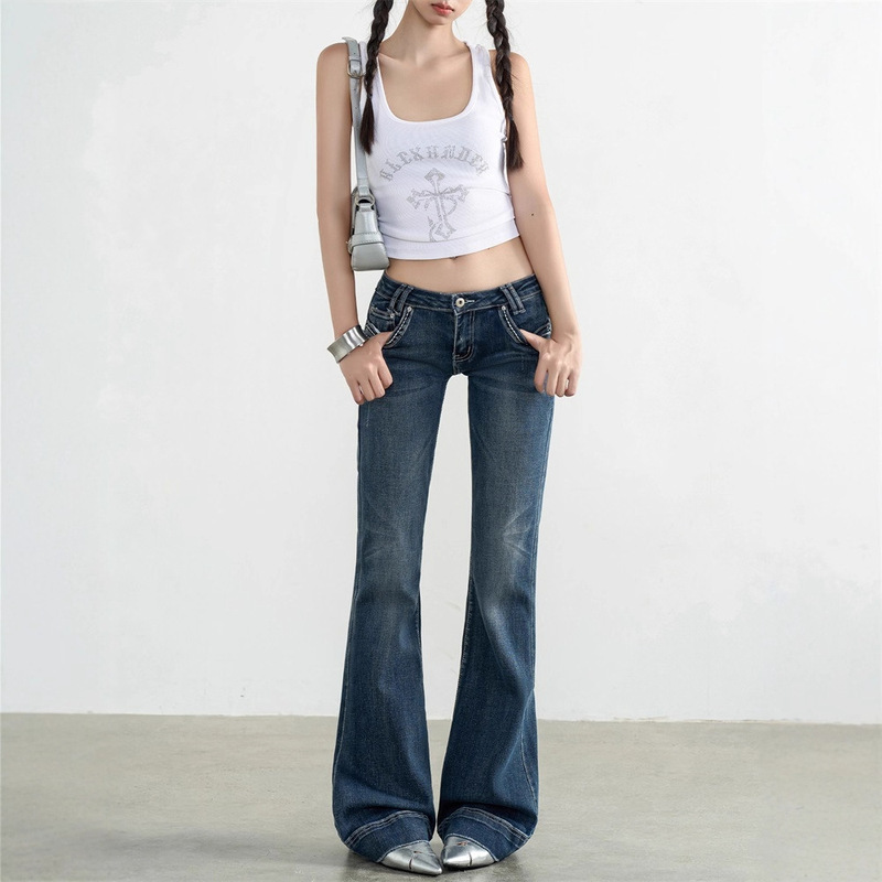 American-Style Ultra-Low-Waist Micro-Flared Jeans for Women, Autumn Trendy Versatile New Slimming Washed Blue Stretch Floor-Length Pants