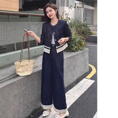 蕾丝拼接牛仔阔腿裤套装女春秋2025新款高级感两件套休闲韩系百搭