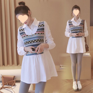 Small Maternity Dress dress Spring and Autumn Ethnic Style Long Sleeve Shirt Top Mid-long Autumn Fashion Fake Two-piece