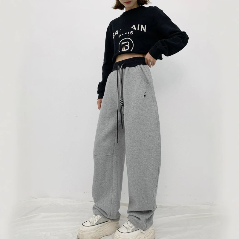2024 Fall/Winter New Style Letter Pattern Embroidery Contrast Color Drawstring Elastic Waist Loose Casual Fleece-Lined Sweatpants for Women