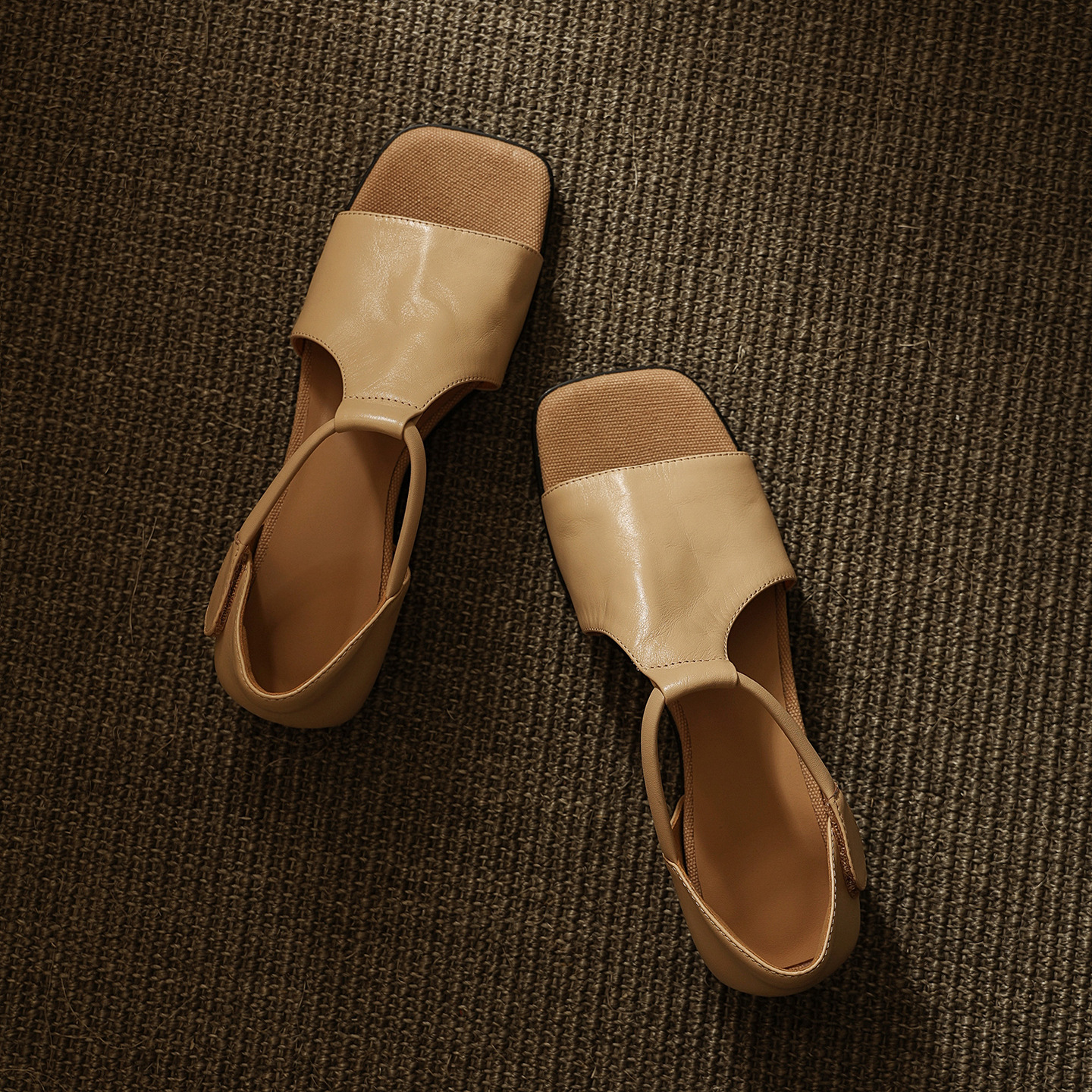 Sandal hở mũi nữ quai mảnh đế bệt mũi vuông da bò thật — đen chi tiết 21