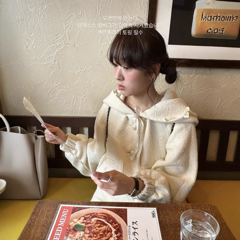 In-Stock Tweed Hooded Sweatshirt Two-Piece Set for Women 2025 Spring Korean Style Ins Fashion Casual Skirt Set