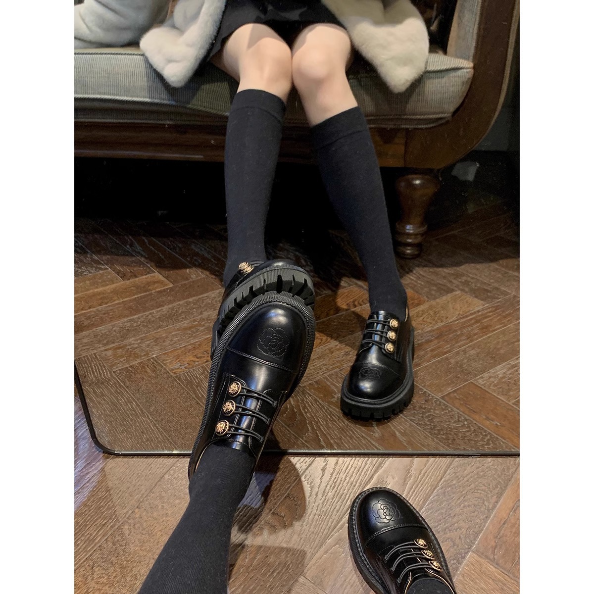 Grava madre studiolee Hepburn estilo retrógrado zapatos de soleas gruesas bordados de tacón grueso Lefour zapatos de cuero de mujer primavera y otoño