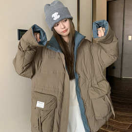 【雾中女孩】2025冬季新款四季青休闲加厚中长款拼色90绒羽绒服