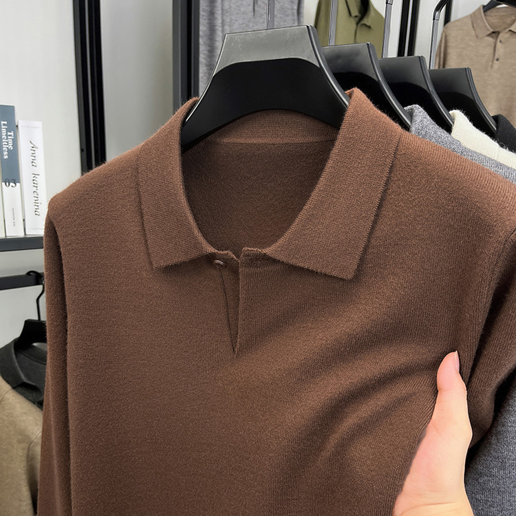Polo de color sólido para hombres otoño y invierno moda jacquard camiseta de regazo de manga larga regazo nuevo suéter de hombre casual