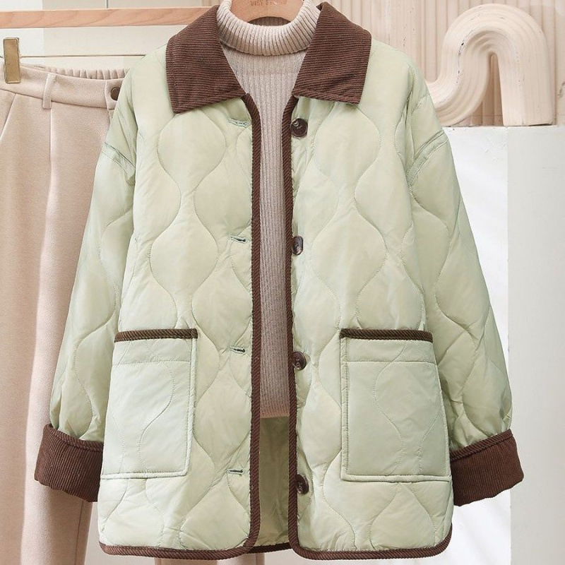 轻薄棉服女2025冬季新款翻领灯芯绒菱格宽松百搭短款保暖棉衣外套|undefined