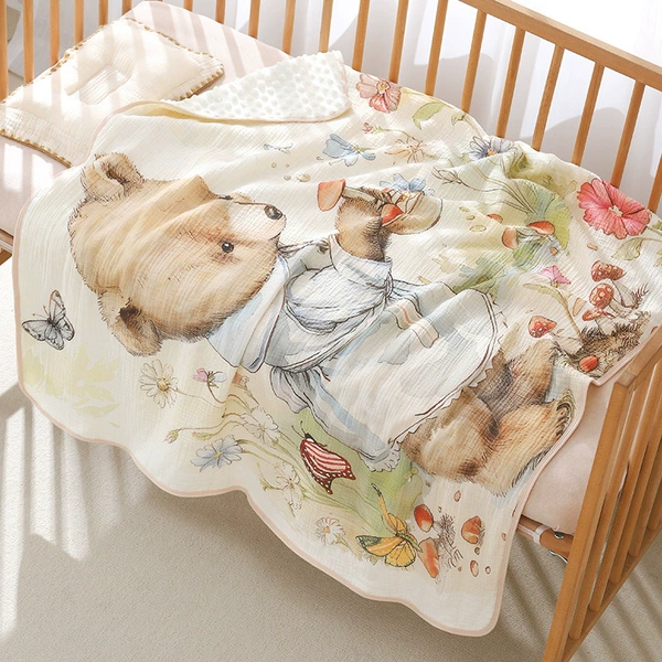 Cloud-sensing crepe cotton bean blanket [Little Bear Picking Mushrooms]