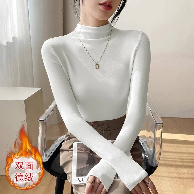 Pesado doble cuello de media altura camiseta de base rosa de terciopelo femenina 2026 coreana camiseta de manga larga de terciopelo grueso