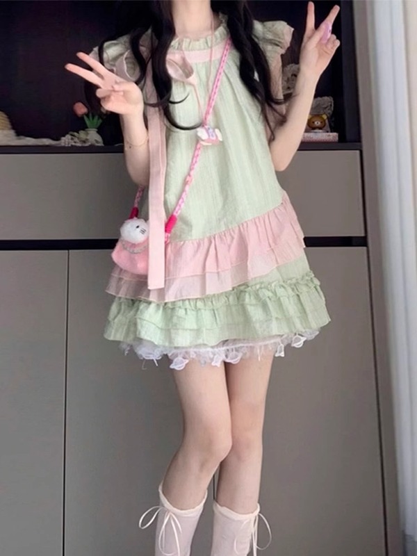 小さなフライングスリーブリボンシャツドレス女性の夏の2025新しい小さな甘いケーキスカートスーツ|undefined