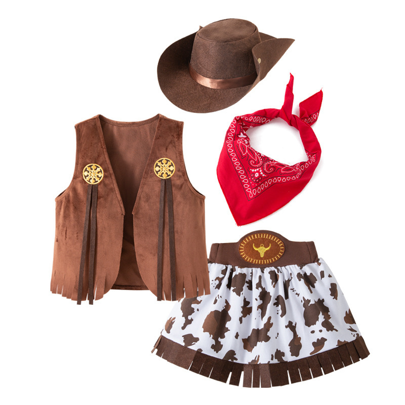 Western Cowboy Skirt Suit Girls Holiday Costume Character Costume Vest Suit Performance Costume 4-Piece Set with Hat