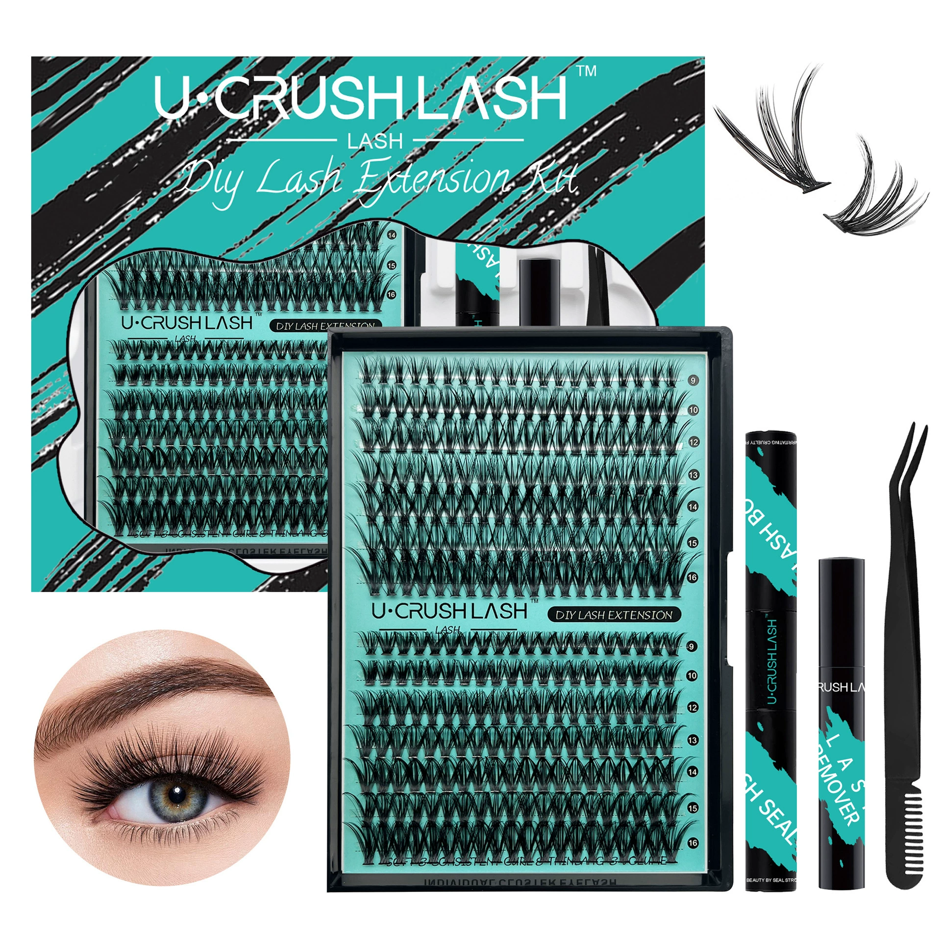 False Eyelash Cluster Set 280 pcs, multi-density D-volume clusters, black display box