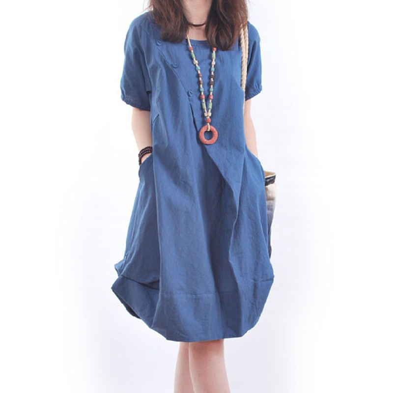 Foreign Trade Cross-Border Solid Color Cotton and Linen Dress, Mid-Length, Summer 2026, Loose Fit, Plus Size, Pleated A-Line Dress, Short Sleeve