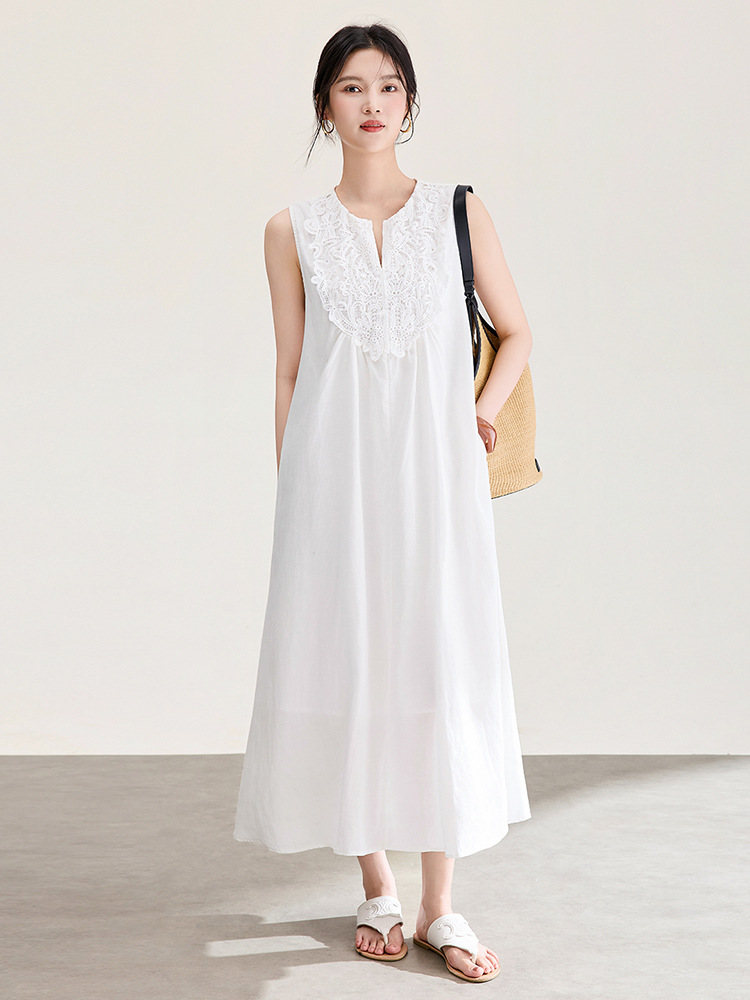 Đầm maxi nữ dáng suông không tay chất liệu tencel phối ren jacquard thêu họa tiết — màu trắng