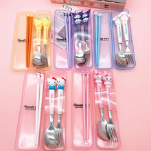 新款卡通库洛米叉勺筷餐具套装户外便携三件套不锈钢学生盒装餐具