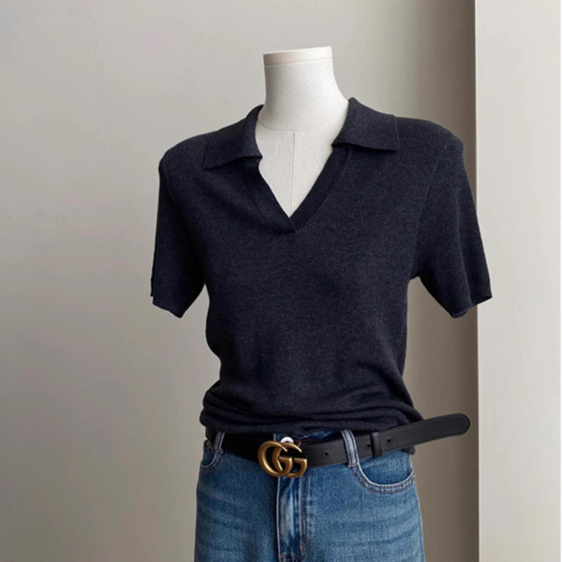 Gray Polo Shirt Ice Silk Short-Sleeved Right Shoulder T-Shirt Women's Summer New Design Niche Lapel Knitwear Top Gray Polo Shirt Ice Silk Short-Sleeved Right Shoulder T-Shirt Women's Summer New Design Niche Lapel Knitwear Top