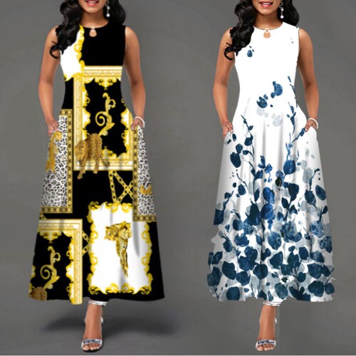 2024 Amazon European and American Style Sleeveless Women's Defined-Print Flared Dress Bohemian Retro Long Skirt European and American Style