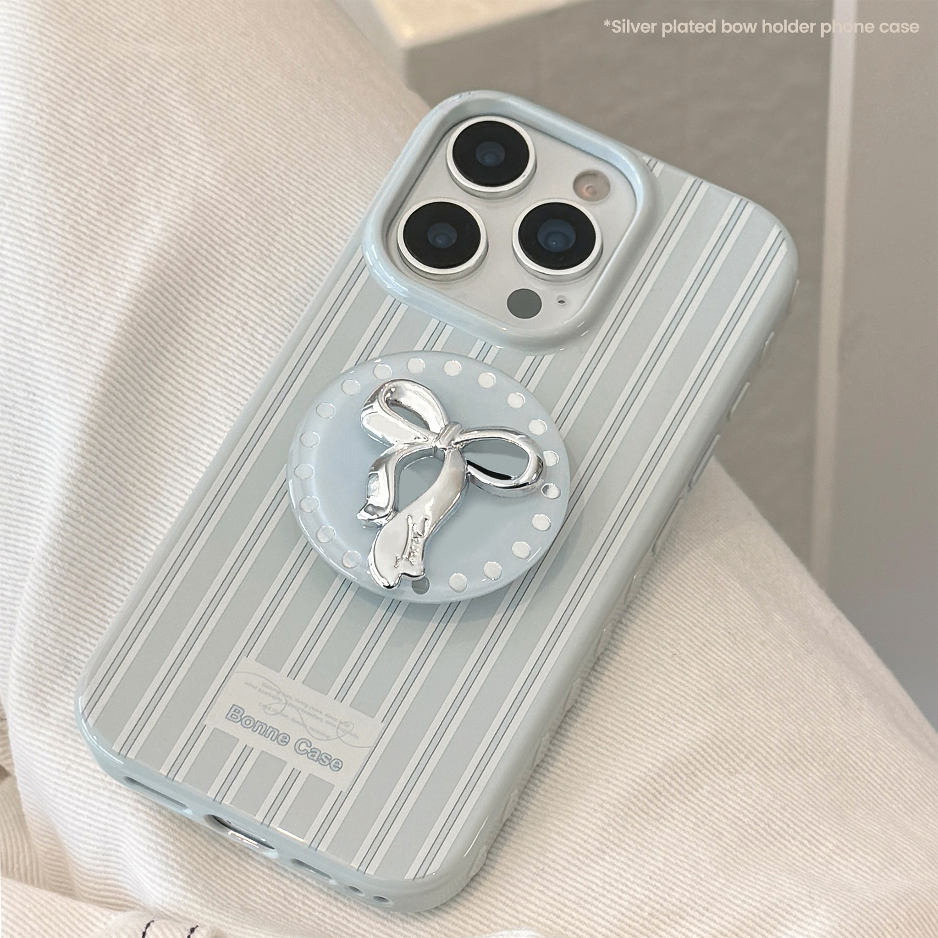 Soporte de arco de plata Apple 16 caso de teléfono iPhone 17 para 12 lujo ligero 15 Promax rayas azules 13 suave