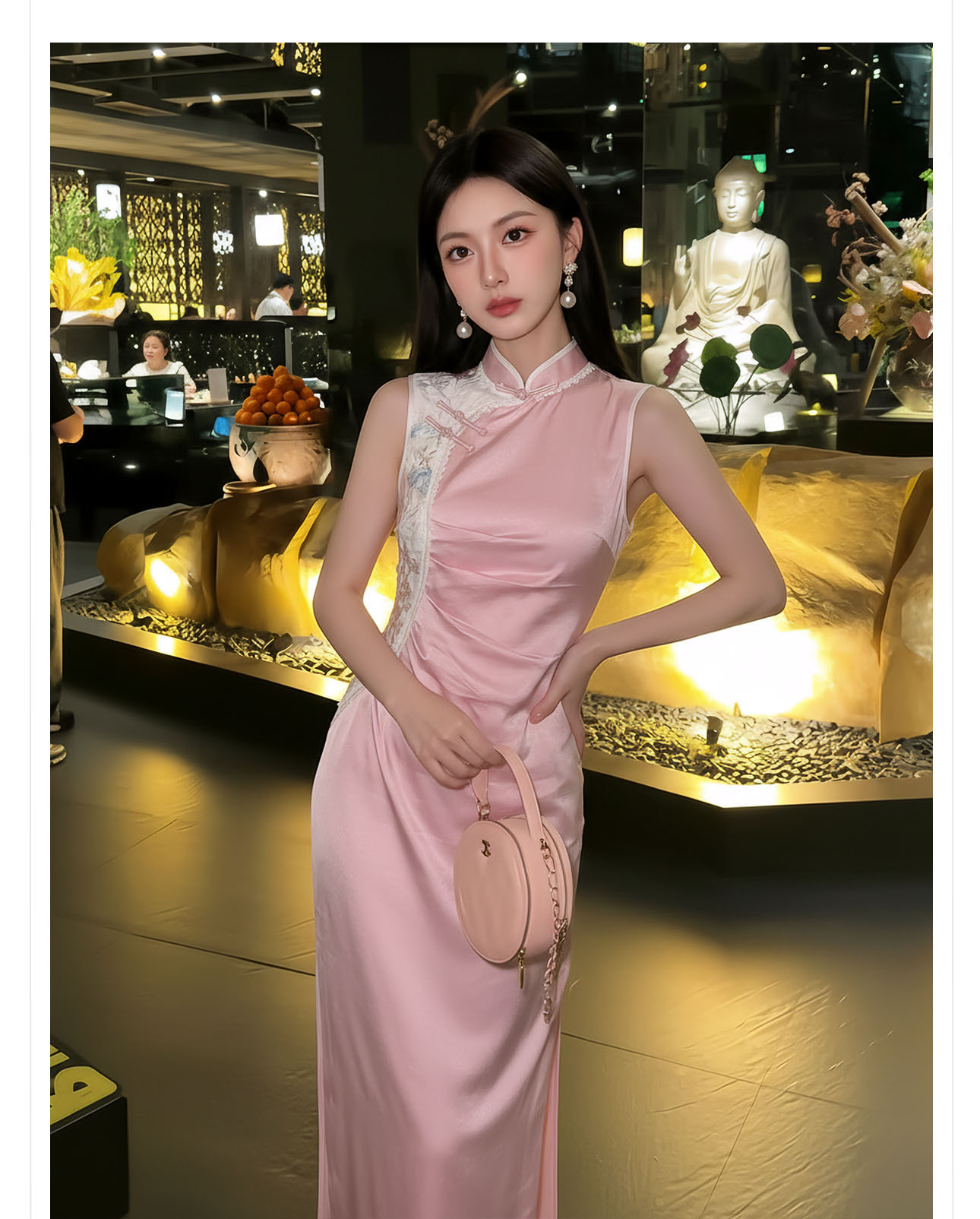 Đầm maxi nữ thắt eo cổ đứng thêu hoa phong cách Trung Hoa mùa hè — màu hồng chi tiết 9