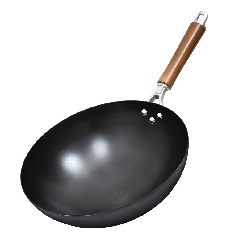 Wok de hierro fundido Zhangqiu para cocinar, sin recubrimiento antiadherente, hecho a mano estilo antiguo, integrado para cocina occidental, con mango de madera, para uso doméstico, venta al por mayor