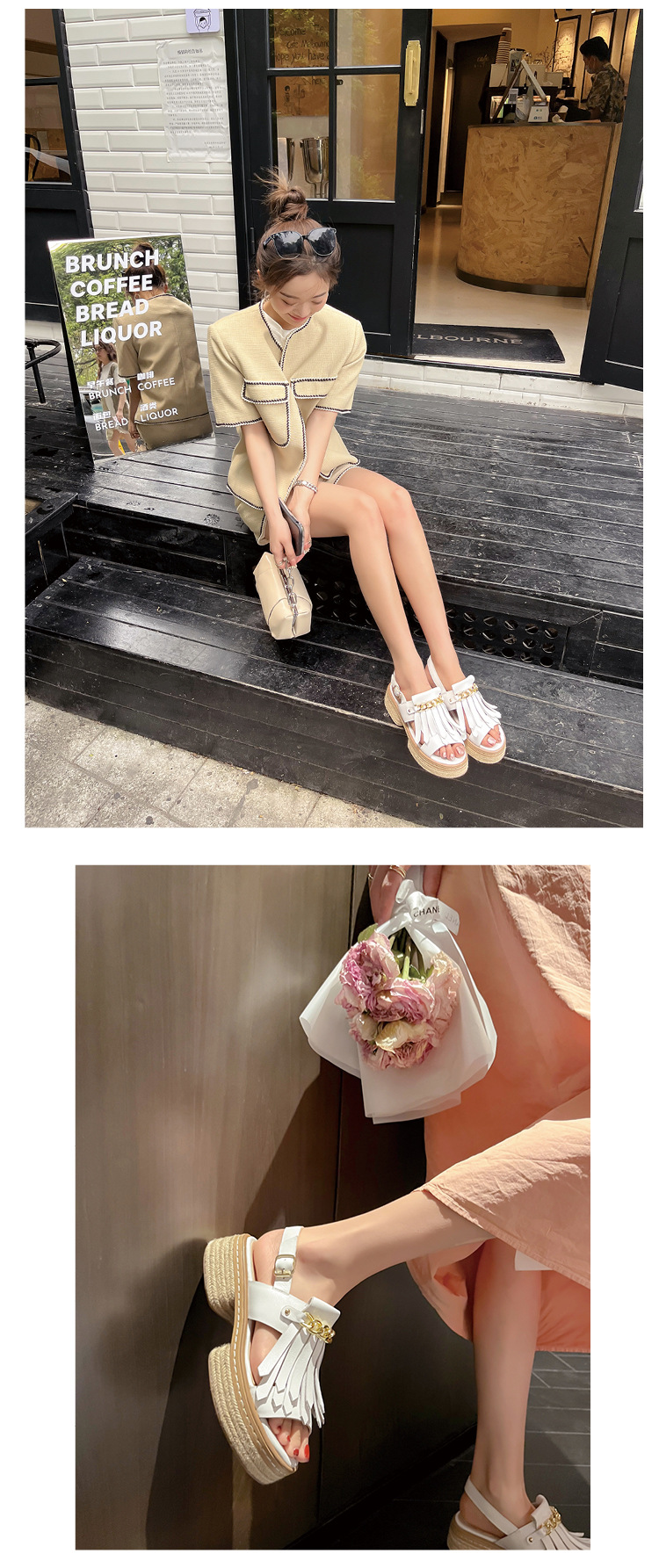 Sandal nữ đế thấp mũi hở quai tua rua đế cói phối dây xích kim loại — màu trắng, bạc chi tiết 6