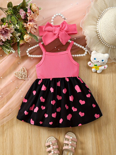 Baby's Cartoon Elephant Heart Pattern Cami Dress Set Lovely