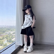 女童夏季套装2025新款舒适棉麻背心短裤套装女孩水洗棉薄款两件套