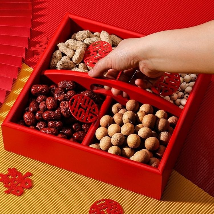 Solid Wood Dried Fruit Box Early Life Your Son Four-grid Plate Engagement Desktop Ornaments Wedding Red Dried Fruit Box Wholesale Wooden Box