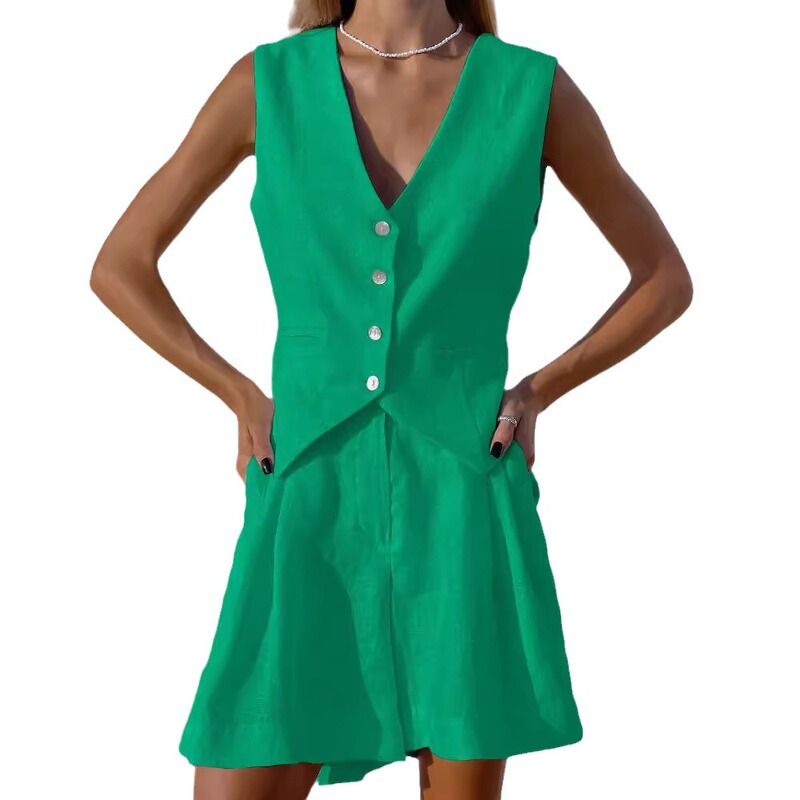 2025 European and American Design Cotton and Linen Suit Vest Set for Women, Spring and Summer Casual Sleeveless Vest and Shorts Two-Piece Set